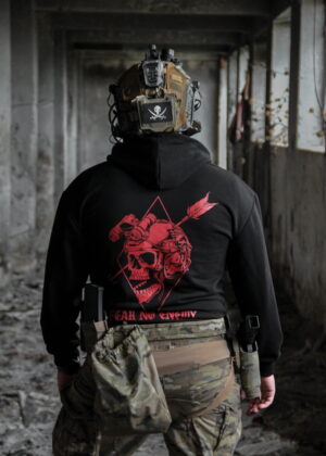 MOHICAN Black Hoodie “Fear No Enemy” – Red Tactical Skull Design