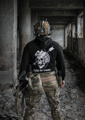 MOHICAN Black Hoodie “Fear No Enemy” – White Tactical Skull Design
